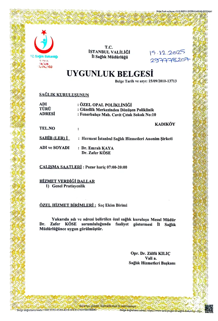 Istanbul Provincial Health Directorate compliance certificate (Uygunluk Belgesi) for Özel Opal Polikliniği, owned by Hermest İstanbul Sağlık Hizmetleri A.Ş.
