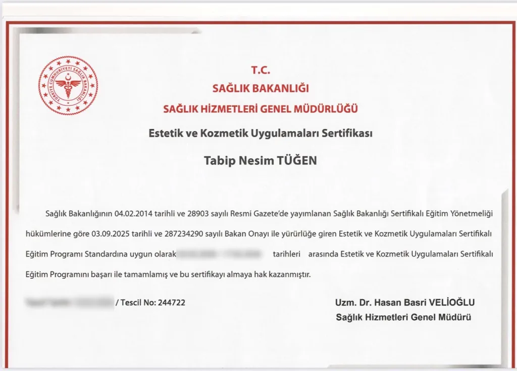 Certificat d’applications esthétiques et cosmétiques du Dr. Nesim Tugen délivré par le ministère turc de la Santé, numéro d’enregistrement 244722