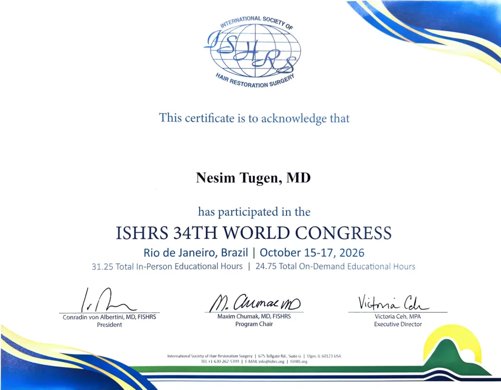 Certificat de participation du Dr. Nesim Tugen au 34e Congrès mondial de l’ISHRS, Rio de Janeiro, Brésil, octobre 2026