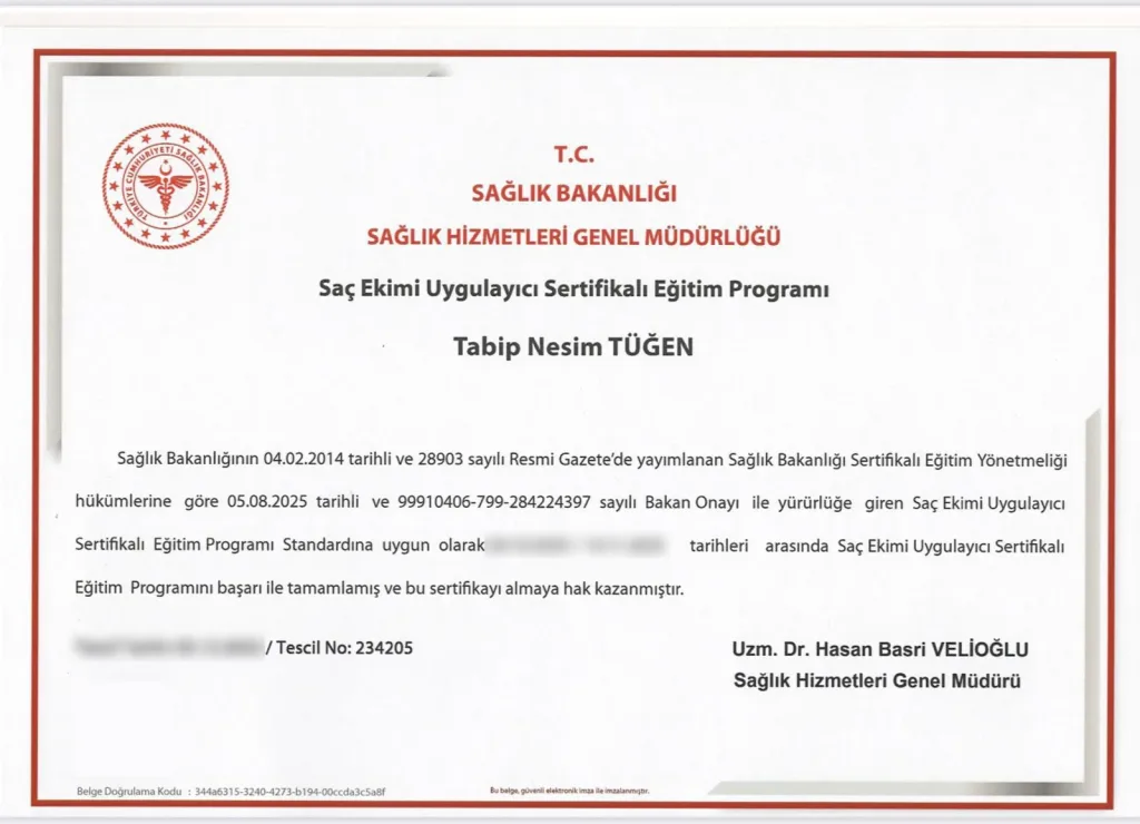 Dr. Nesim Tüğen'in Sağlık Bakanlığı saç ekimi uygulayıcı sertifikası, tescil numarası 234205